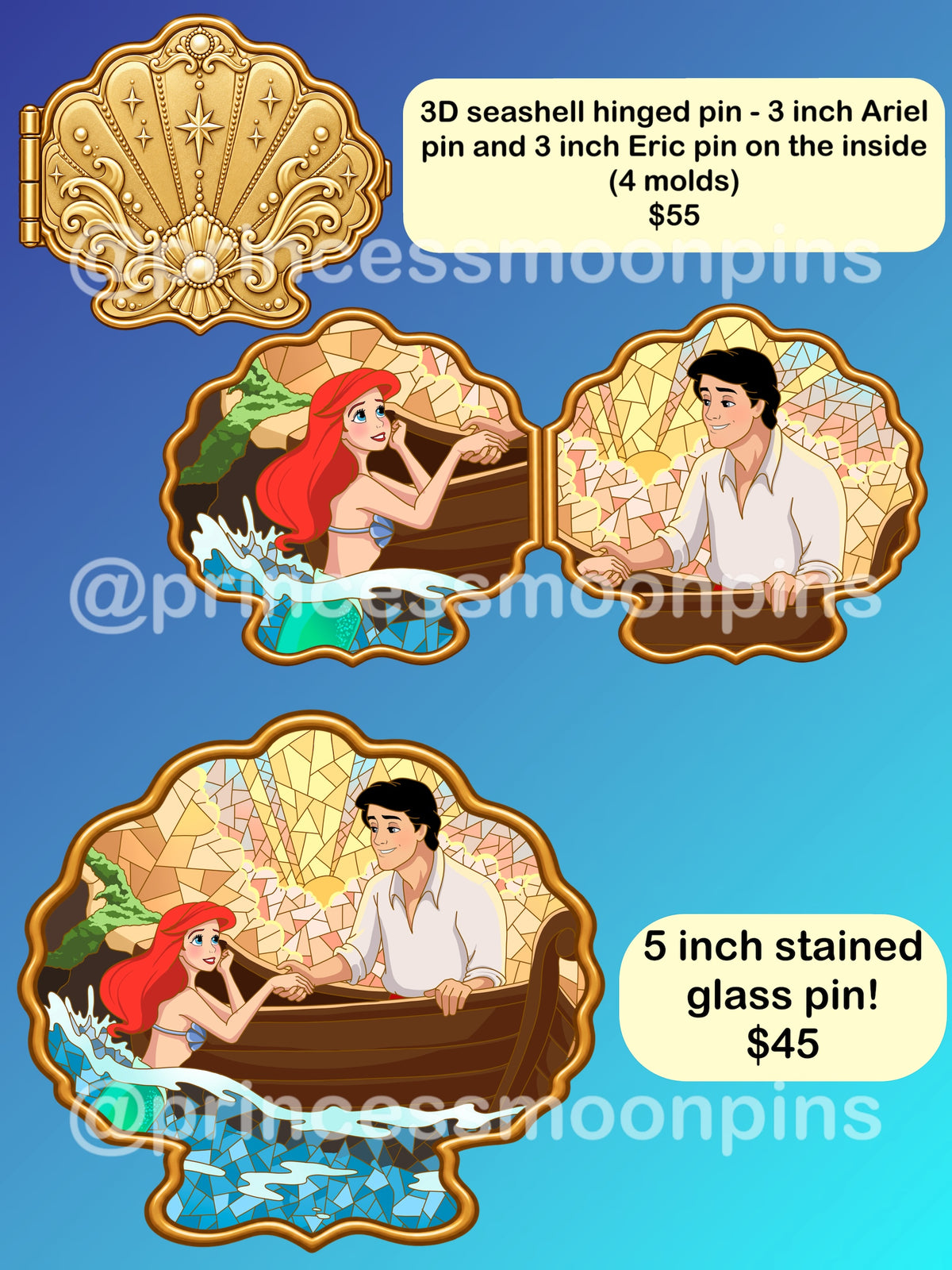Ariel & Eric Stained Glass Pins! (5 inch Jumbo and 3D Seashell Locket!)