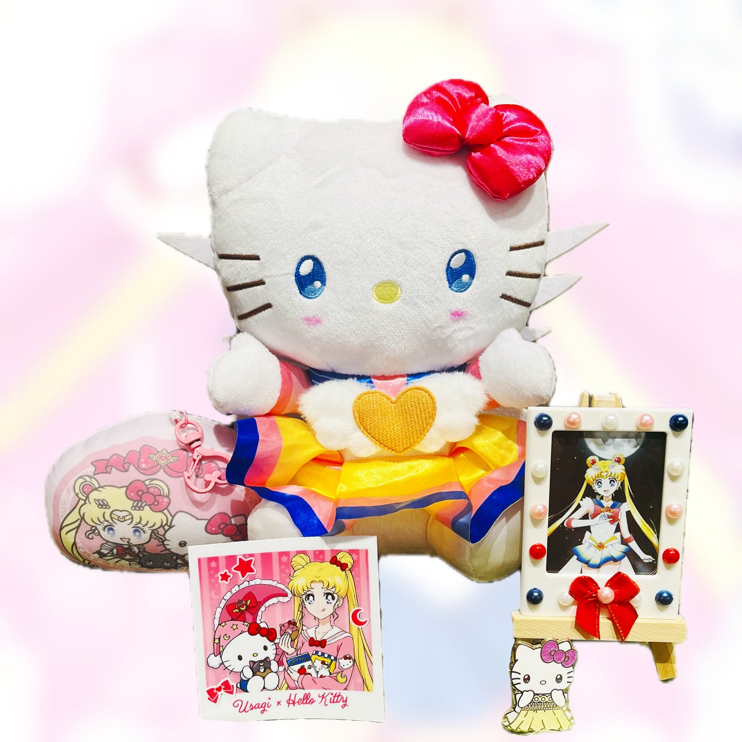 Sailor Moon x Hello Kitty Plush Gift Set!! Includes Plush, Polaroid Magnet, Glitter Enamel Pin, Plush Keychain, and Sticker!