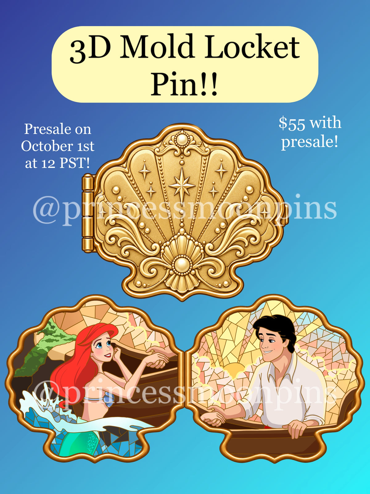 Ariel & Eric Stained Glass Pins! (5 inch Jumbo and 3D Seashell Locket!)