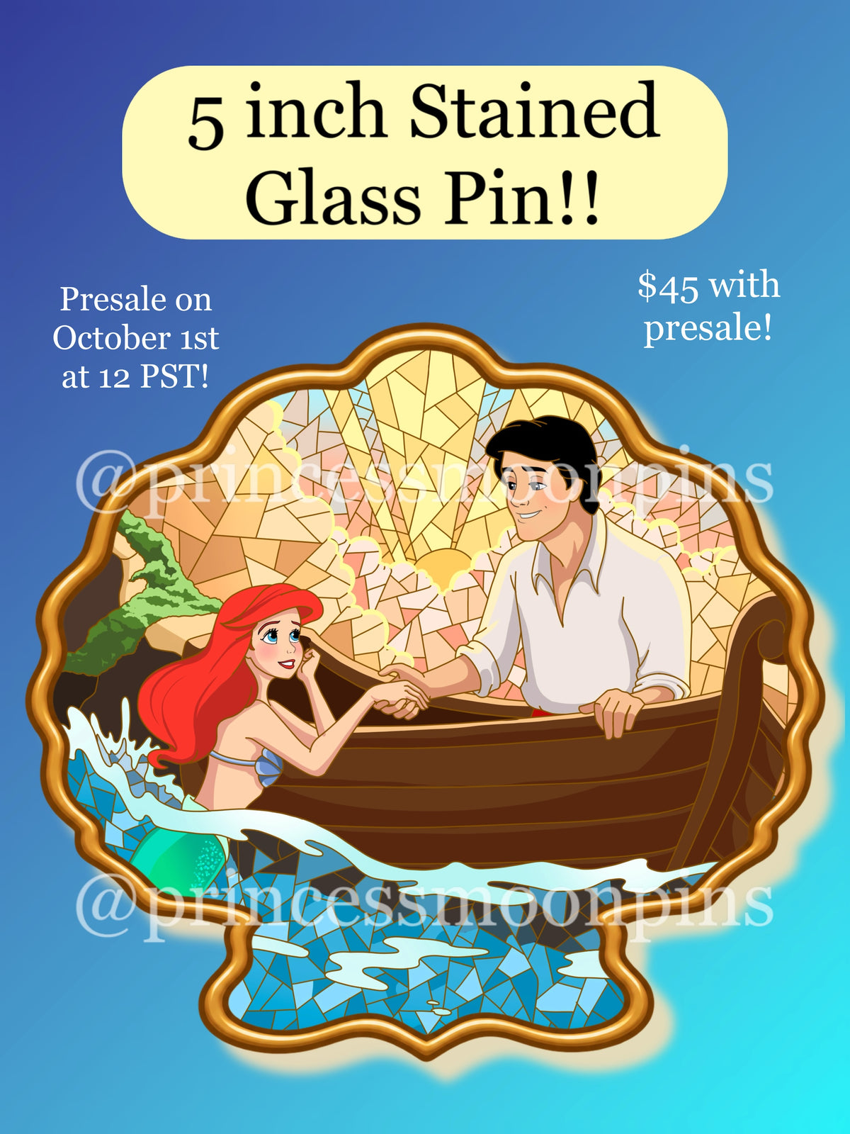 Ariel & Eric Stained Glass Pins! (5 inch Jumbo and 3D Seashell Locket!)